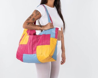 Upcycled patchwork tote Colorful leather tote Soft leather tote Oversized tote Patchwork Sustainable tote Pink Handmade tote Color block bag