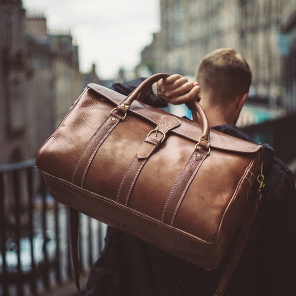 Men's Leather Duffle Bag, Classic Travel Holdall, Cabin Luggage, Carry Lite Holdall, Lightweight Luggage, Carry on Baggage, Vegetable Tanned