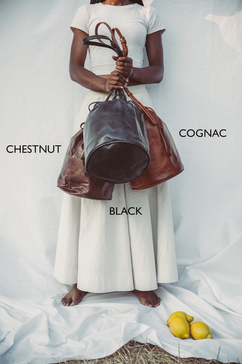 Leather crossbody bag made of soft leather, vegetable tanned lamb leather drawstring bucket bag, GIFT for her image 2