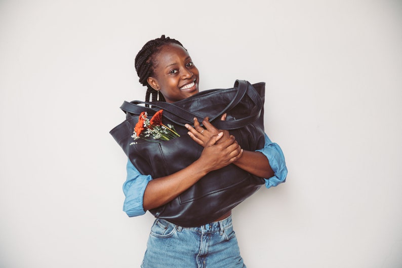 Black Leather Tote Bag, Leather Grocery Bag Double Handle Soft Large Tote with Pocket Gift for Her Mothers Day Gift Black