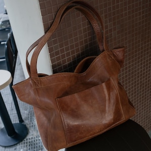 Cognac Lamb Leather Tote Bag: Large Soft Leather Shopper