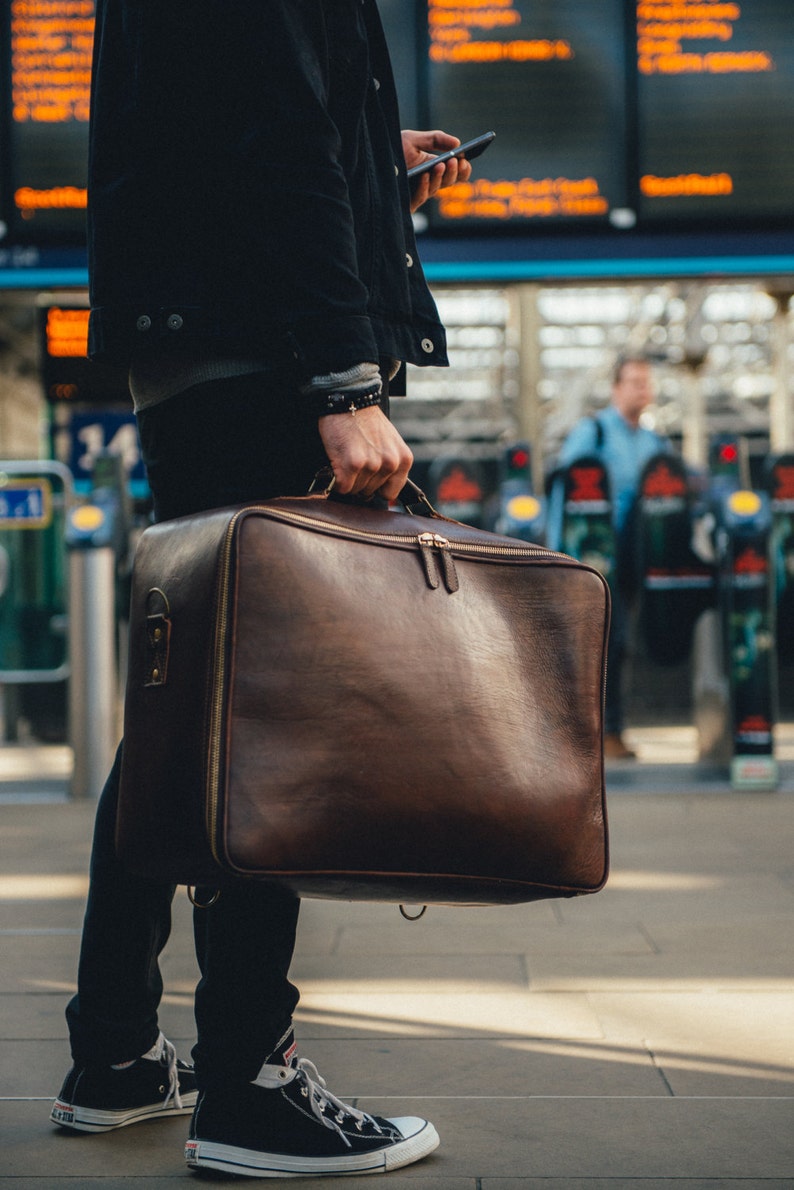 Leather Suitcase, Men's Travel Bag, Handmade Leather Bag, Large Travel Suitcase, Vintage, Retro, Holdall, Men's Fashion, Hip image 1