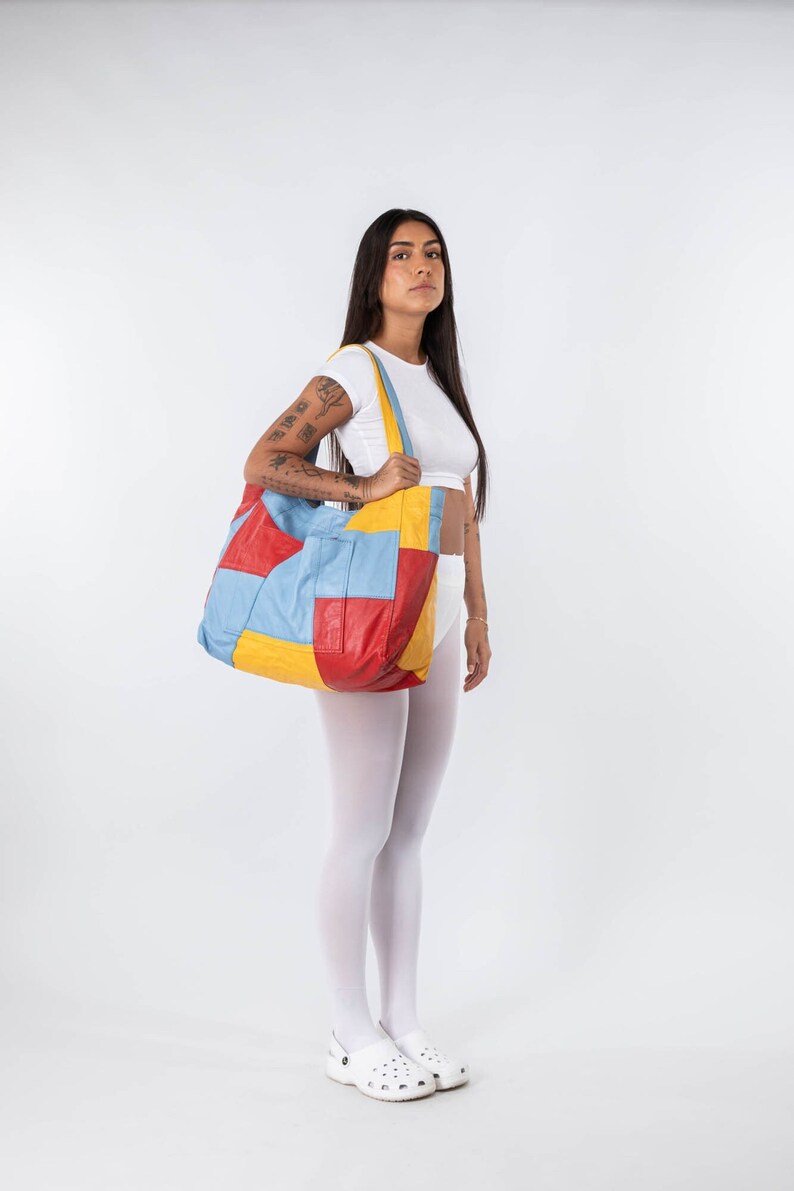 Upcycled patchwork tote Colorblock Leather Tote Oversized tote upcycled tote Sustainable bag Handmade tote Color block bag Soft leather bag image 1