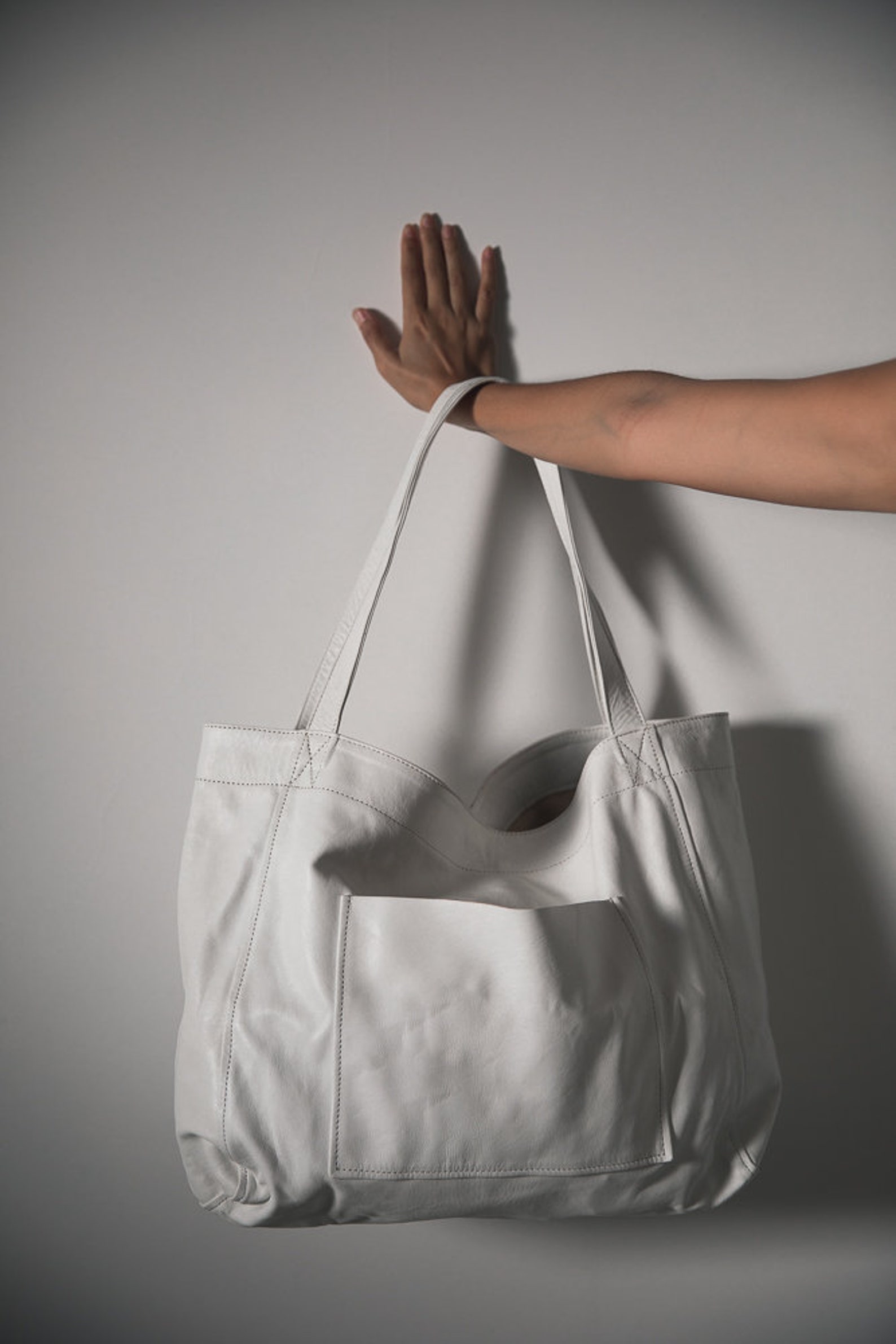 White Leather Tote Bag Leather Summer Bag Large Tote Market Etsy