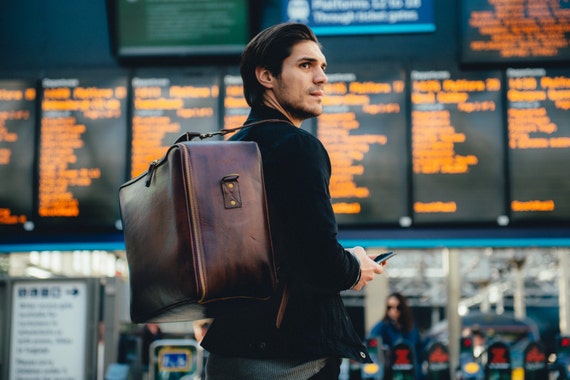  AERJMA Bolsas de viaje de cuero para hombres – Bolso de viaje  de cuero vintage para hombre de 20.0 in de gran capacidad bolsa de equipaje  de cuero con posición del