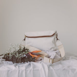 Leather Crossbody Bag,Gift for her,Organizer Bag, Leather Clutch, Comestic Bag, Small Shoulder Bag,White Purse, Daily Purse, Webbed Cotton