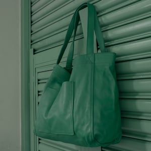 Leather Tote Bag Leather Everyday Bag Market Bag Campus Bag Anniversary Gift Colorful Oversized Tote Bag Large Shopper Bag Soft Green image 5