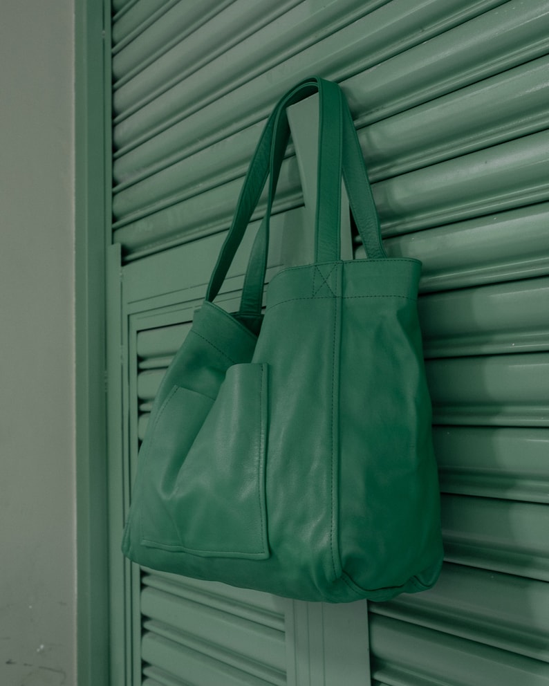 Leather Tote Bag Leather Everyday Bag Market Bag Campus Bag Anniversary Gift Colorful Oversized Tote Bag Large Shopper Bag Soft Green image 5