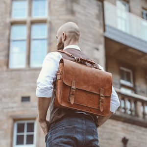 Leather Messenger Bag Full Grain Leather Briefcase 15 Laptop Bag Handmade Cross-body Bag Retro Vintage Fashion Men's Leather Bag Monogram image 3