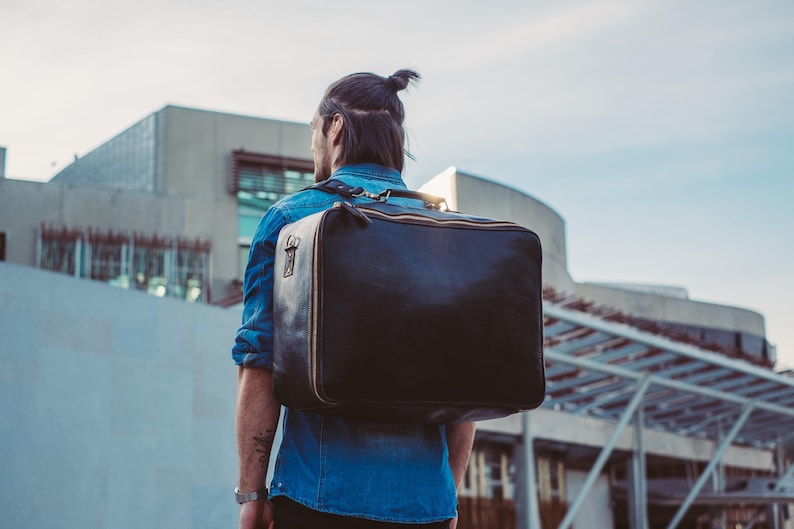 Black Leather Suitcase, Suitcase with Backpack Straps, Large Travel Bag, Weekender, Rucksack, Oversize Duffle, Christmas Gift