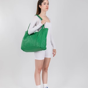 Leather Tote Bag Leather Everyday Bag Market Bag Campus Bag Anniversary Gift Colorful Oversized Tote Bag Large Shopper Bag Soft Green image 2