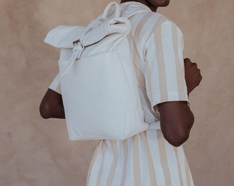 White Leather Backpack, Soft Leather Rolltop, White Leather, Classic backpack, 13"Rolltop, University Bag, Unisex Backpack, Gift