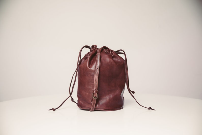Leather crossbody bag made of soft leather, vegetable tanned lamb leather drawstring bucket bag, GIFT for her image 6