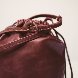 Leather crossbody bag made of soft leather, vegetable tanned lamb leather drawstring bucket bag, GIFT for her image 9