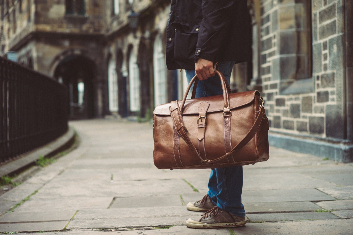 Logo-Print Full-Grain Leather Duffle Bag