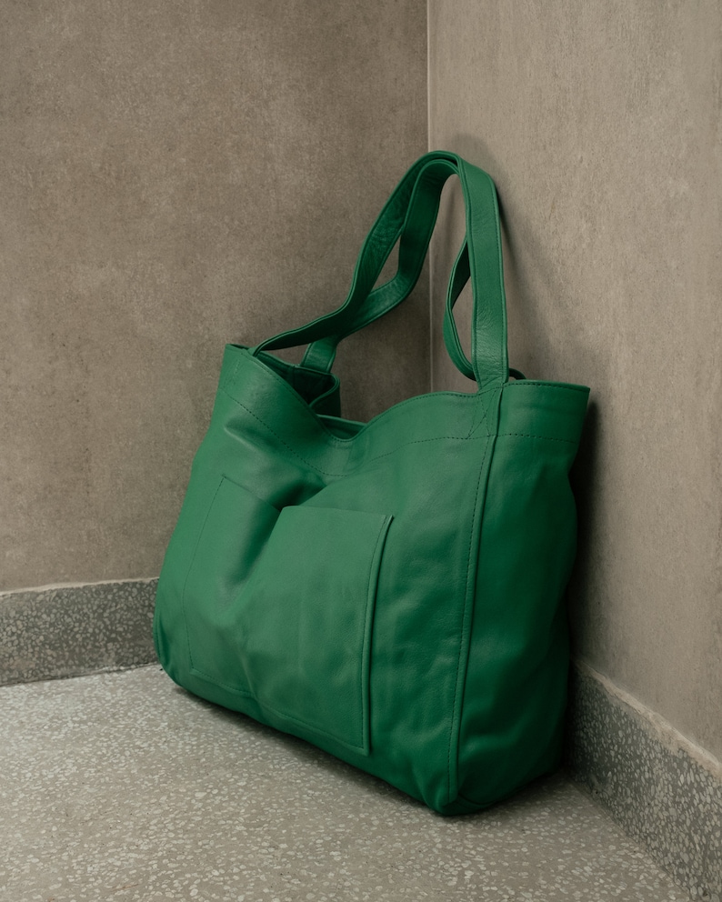 Leather Tote Bag Leather Everyday Bag Market Bag Campus Bag Anniversary Gift Colorful Oversized Tote Bag Large Shopper Bag Soft Green image 6