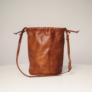 Summer bag, leather drawstring shoulder bag made of soft vegetable tanned full grain lamb leather, wedding GIFT image 8