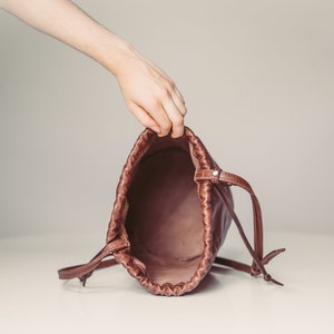 Leather crossbody bag made of soft leather, vegetable tanned lamb leather drawstring bucket bag, GIFT for her image 7