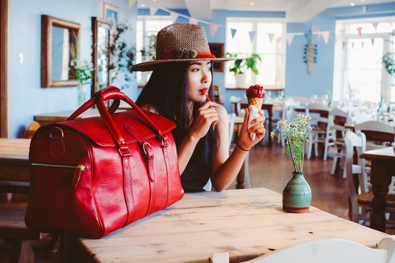 Red Leather Duffle Leather Weekender Bag Monogram Duffle Carry