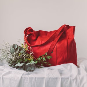 Red Tote Bag, Leather Handbag, Oversize Leather Tote, Book Bag, Library Bag, Leather Hobo Bag, Soft Leather Bag, Summer Bag, Graduation Gift image 4