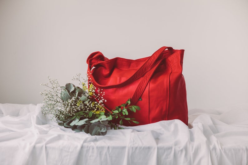 Red Tote Bag, Leather Handbag, Oversize Leather Tote, Book Bag, Library Bag, Leather Hobo Bag, Soft Leather Bag, Summer Bag, Graduation Gift image 4