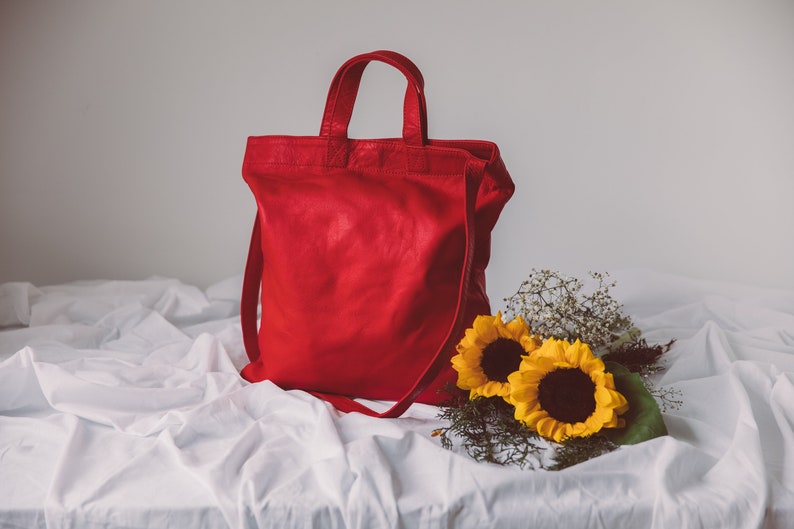 Red Crossbody Bag, Leather Tote Bag, Shoulder Bag, Unisex Tote Bag, Top Handle Handbag, Leather Computer Bag, Anniversary Gift image 1