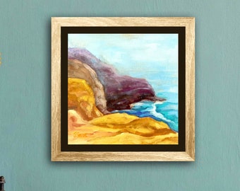 Pintura al óleo impresionista: Acantilados al atardecer, San Diego - Paisaje matutino brumoso