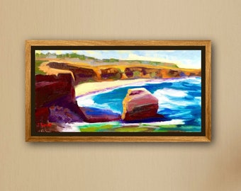 Acantilados al atardecer en San Diego: Pintura al óleo: Paisaje costero de California