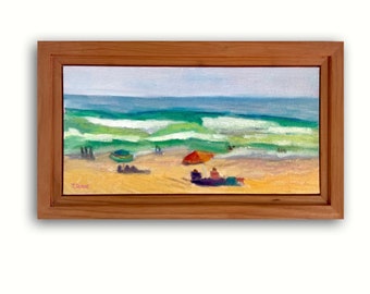 Pintura al óleo de la playa de San Clemente: arte impresionista minimalista enmarcado