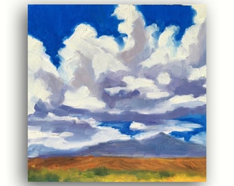 Original Oil Painting: California Meadow Landscape, Impressionist Cloud Art (6x6)