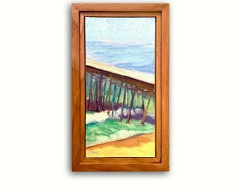 Pier, Minimalist Contemporary Impressionist Oil Painting, Framed Art