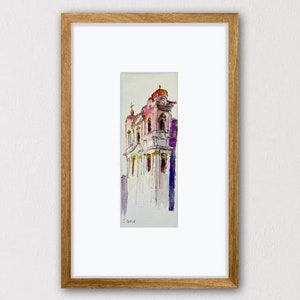 Original Watercolor of Romanian Church, Urban Sketcher Style, Minimalist Art, Urban Sketch