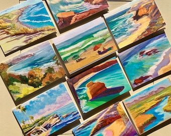 Tarjetas de felicitación con arte costero del sur de California, pinturas al aire libre, juego de 5 o 10