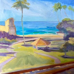 May include: A painting of a tropical beach scene with a wooden gazebo, palm trees, and a blue ocean in the background.