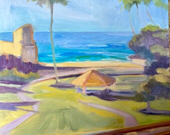 Pintura al óleo de la playa Buccaneer: Arte costero de California junto al océano