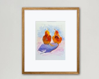 Pintura al óleo "Dos Peras": Naturaleza muerta minimalista de arte pop (30,5 x 23,8 cm)