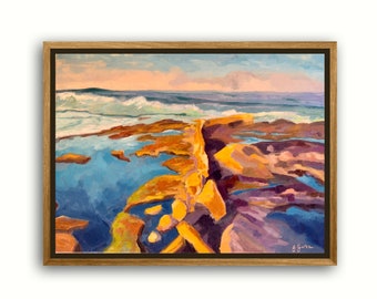 Pintura al óleo impresionista original: Paisaje de las pozas de marea del sur de California