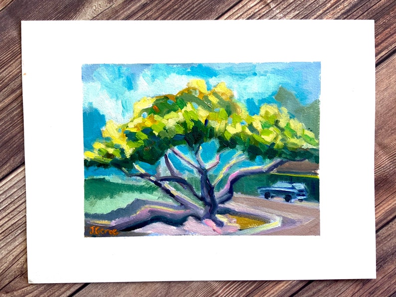 Plein Air Painting of Historic Oceanside Fig Tree, Original Oil Painting on Paper, Southern California, San Diego Painting, Original Art image 1