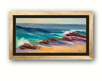 Pintura al óleo de la playa de Windansea: paisaje costero de California sobre lino