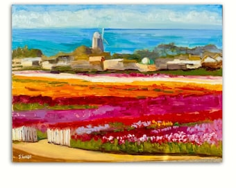 Campos de flores de Carlsbad: Pintura al óleo: Paisaje costero de California (30,5 x 40,6 cm)