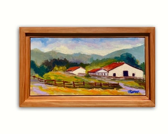 Barns, at the Farm , Minimalist Contemporary Impressionist Oil Painting, Framed Art, Framed Oil Painting
