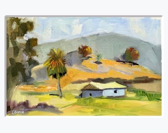 Plein Air Oil Painting on Paper, San Diego Landscape, Field, Barn and Hill, impressionist painting, contemporary landscape painting