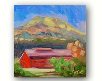 Red Barn and Mountain Painting, Original Plein Air Landscape Oil Painting, Impressionist Autumn Landscape, Contemporary Rustic Painting