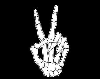 May include: A white skeletal hand making the peace sign gesture.