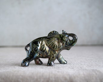 Raku Ceramic Lucky Elephant, Copper Glaze, Miniature Figurine Elephant, Unique Home Decor, Handmade Housewarming Pottery Gift