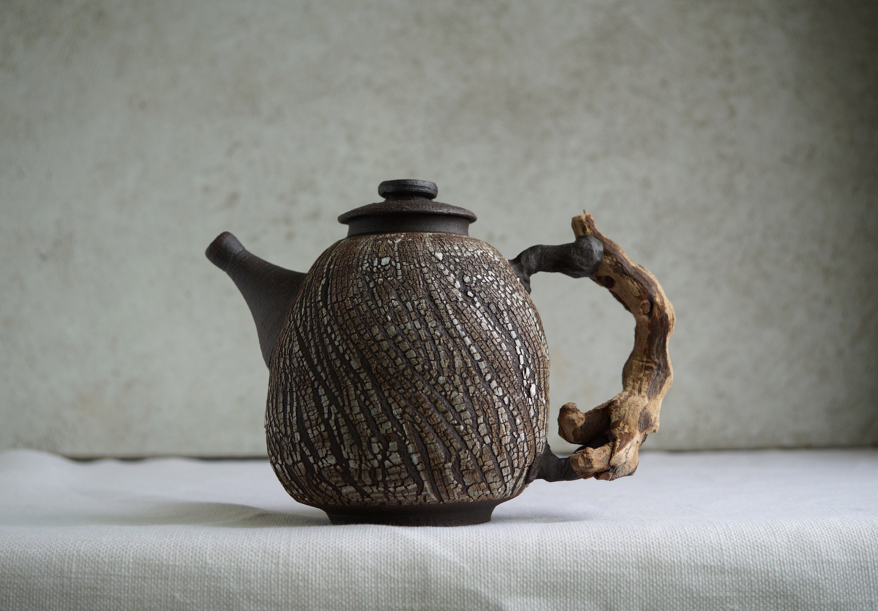 Handmade Ceramic Teapot, Crack Texture, Rustic Design, Wood Twig Handle
