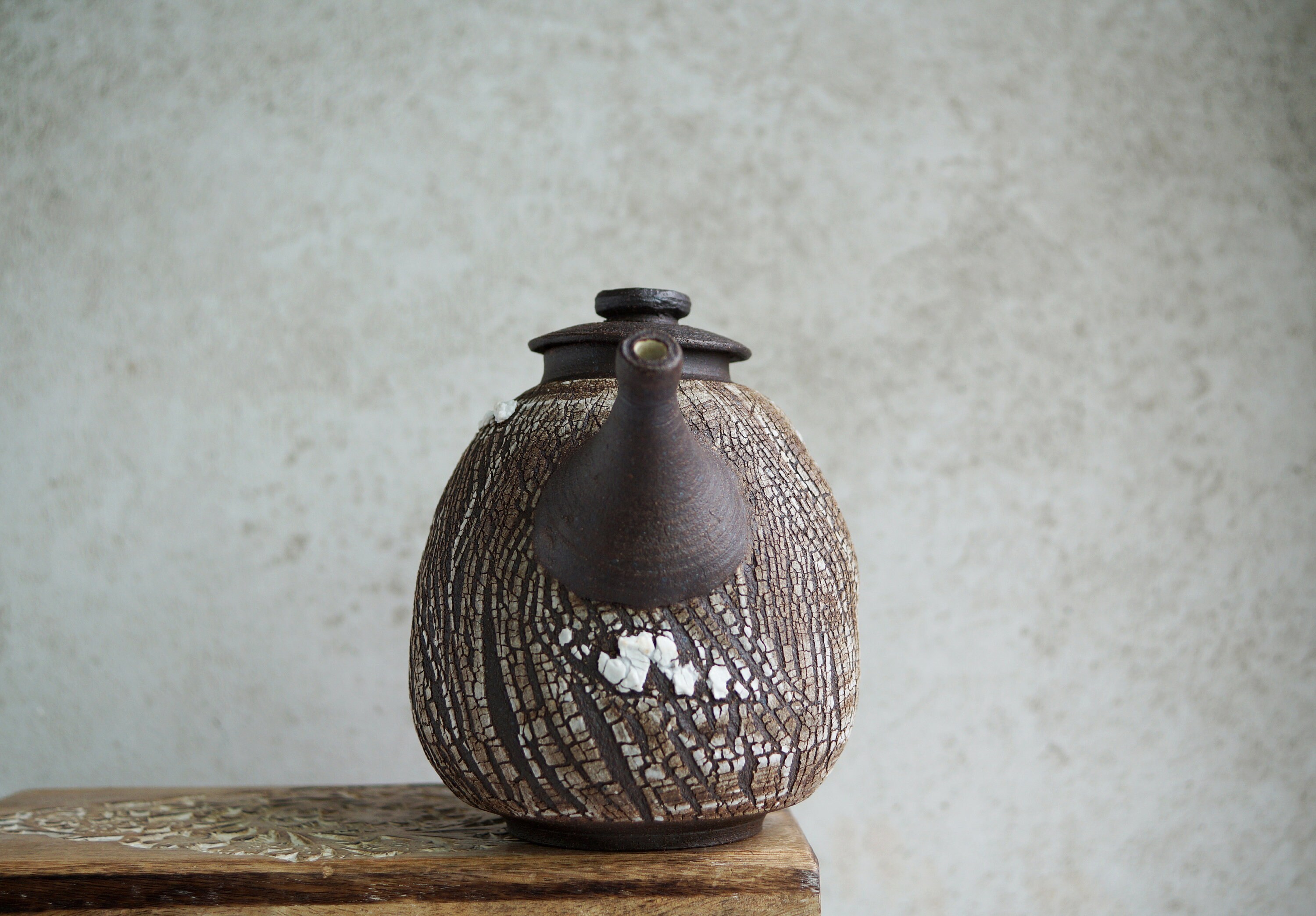 Handmade Ceramic Teapot, Crack Texture, Rustic Design, Wood Twig Handle