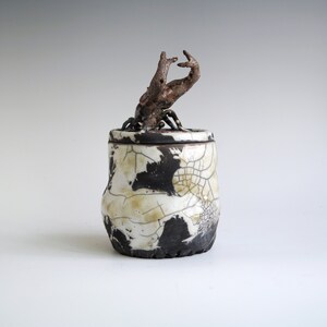 Handmade Raku Jar, Unique Raku Ceramics, Beetle Lid Handle, Art Object, Crackle Raku Glaze, Lidded Canister, Secret Jar, Porcelain Art, Gift image 5