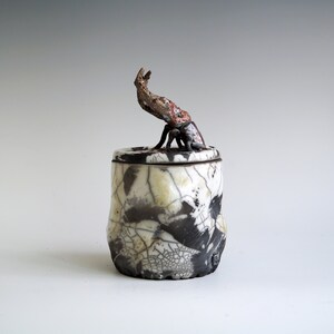 Handmade Raku Jar, Unique Raku Ceramics, Beetle Lid Handle, Art Object, Crackle Raku Glaze, Lidded Canister, Secret Jar, Porcelain Art, Gift image 6