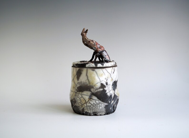 Handmade Raku Jar, Unique Raku Ceramics, Beetle Lid Handle, Art Object, Crackle Raku Glaze, Lidded Canister, Secret Jar, Porcelain Art, Gift image 6